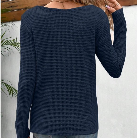 Blue Waffle Knit Cross Wrap Tee - Picture 4 of 5